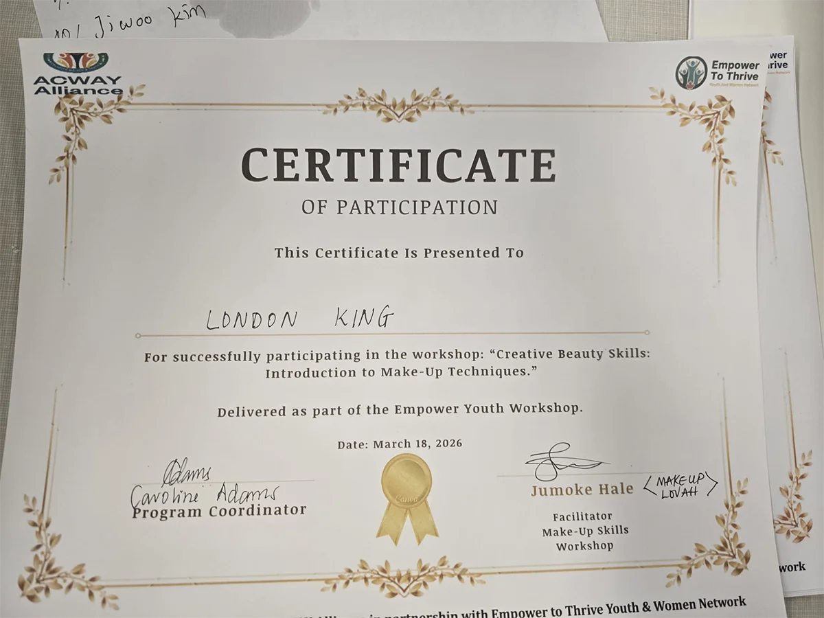 Official Certificate of Participation for Creative Beauty Skills: Introduction to Make-Up Techniques